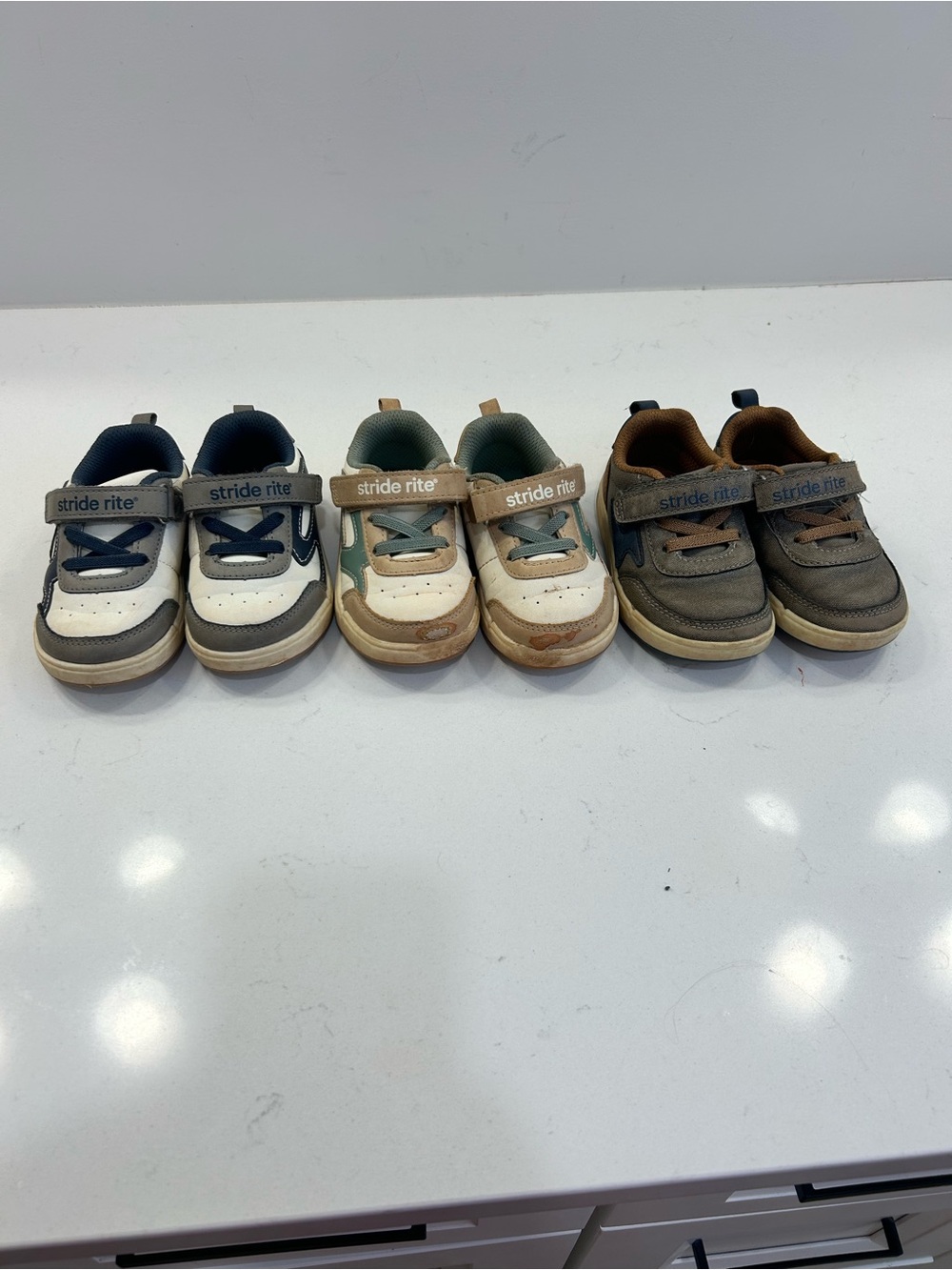 Stride Rite Kids Velcro Sneakers in White/Navy, White/Tan, White/Green, Brown